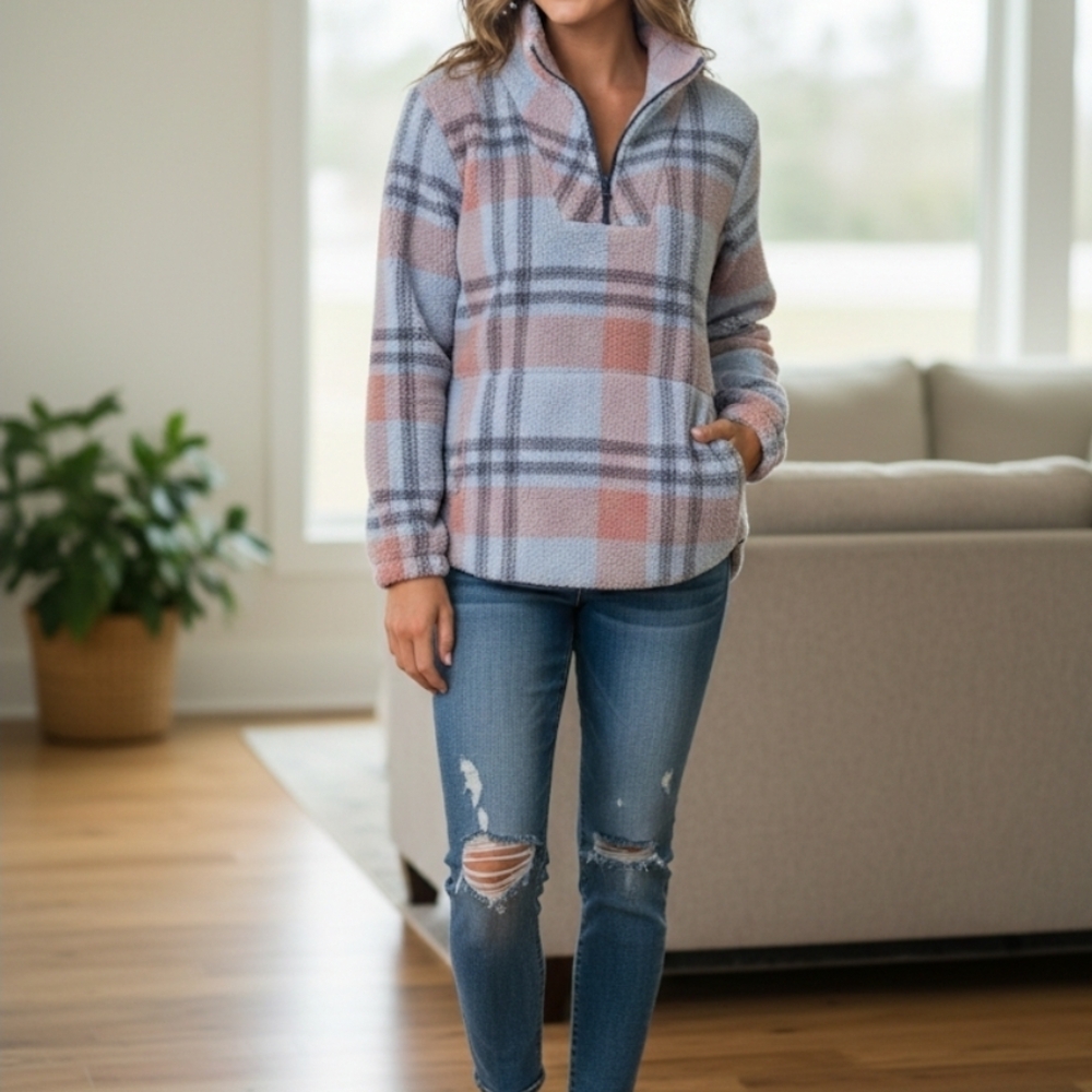 Cozy Plaid Women's Hoodie in Blue and Pink